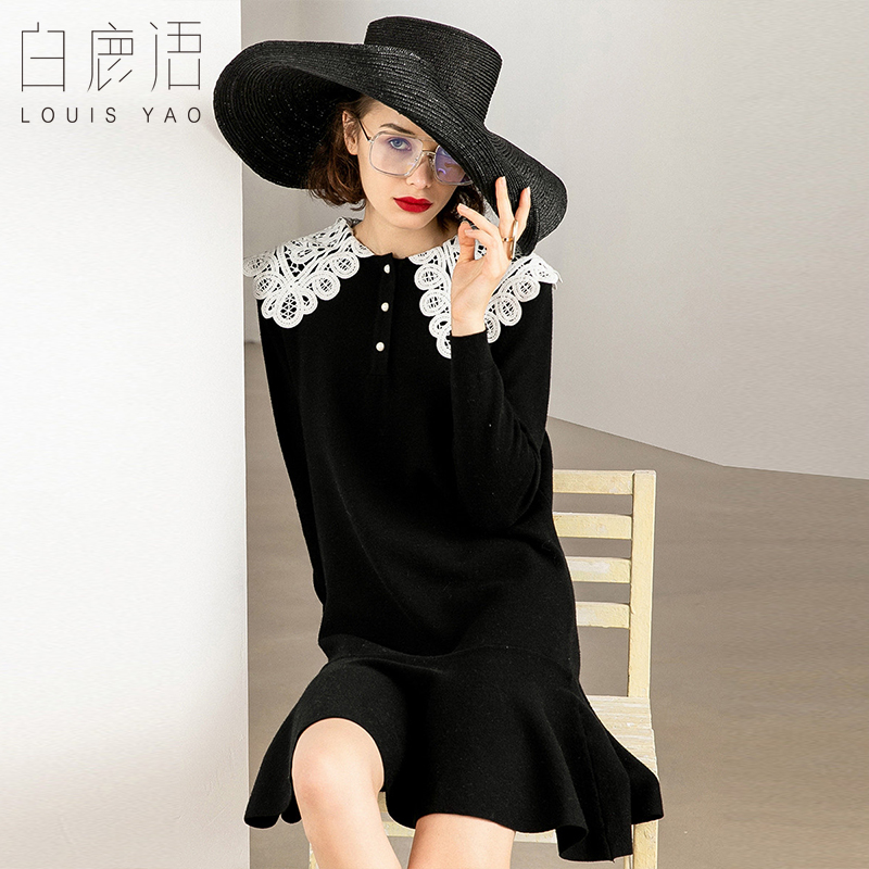 白鹿语拼色蕾丝花边领针织裙秋款时尚减龄鱼尾下摆中长款连衣裙