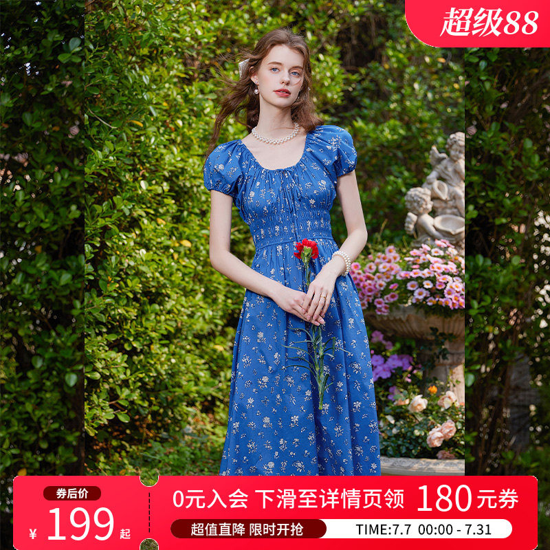白鹿语法式度假风蓝色碎花长裙夏款复古系带收腰显瘦女连衣裙