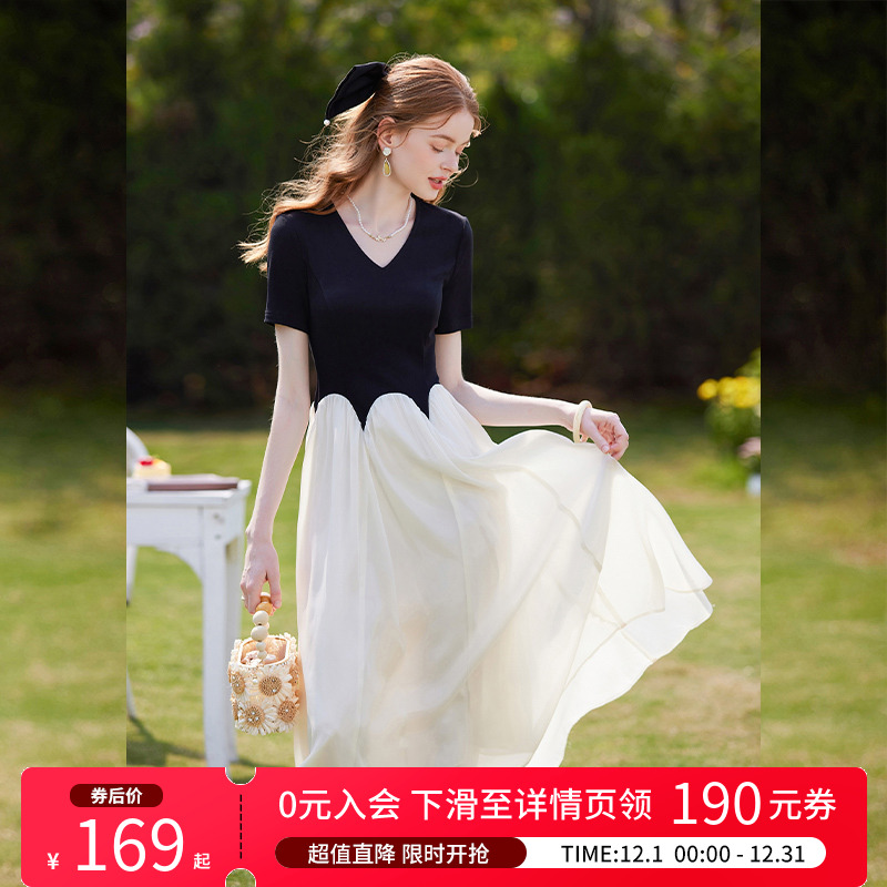 白鹿语高级感名媛风撞色拼接裙