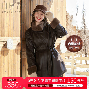 白鹿语复古仿貂毛立领皮衣外套25秋冬新款 收腰系带保暖大衣 中长款