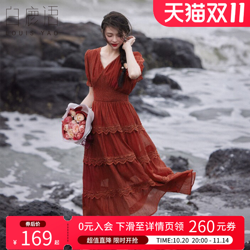 白鹿语红色拼接花边蛋糕长裙