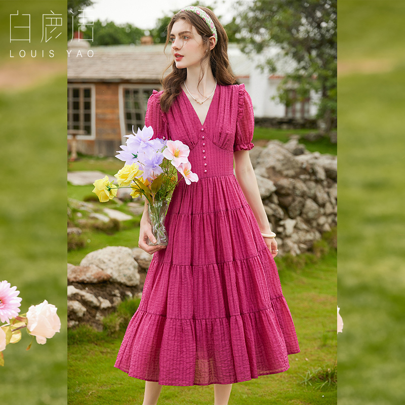 白鹿语法式V领泡泡袖连衣裙