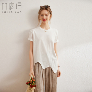 女式 休闲简约纯色全棉套头短袖 T恤 时尚 白鹿语不规则下摆t恤25夏季