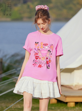 白鹿语白色圆领短袖t恤女2025夏新款宽松休闲卡通印花上衣粉色T恤