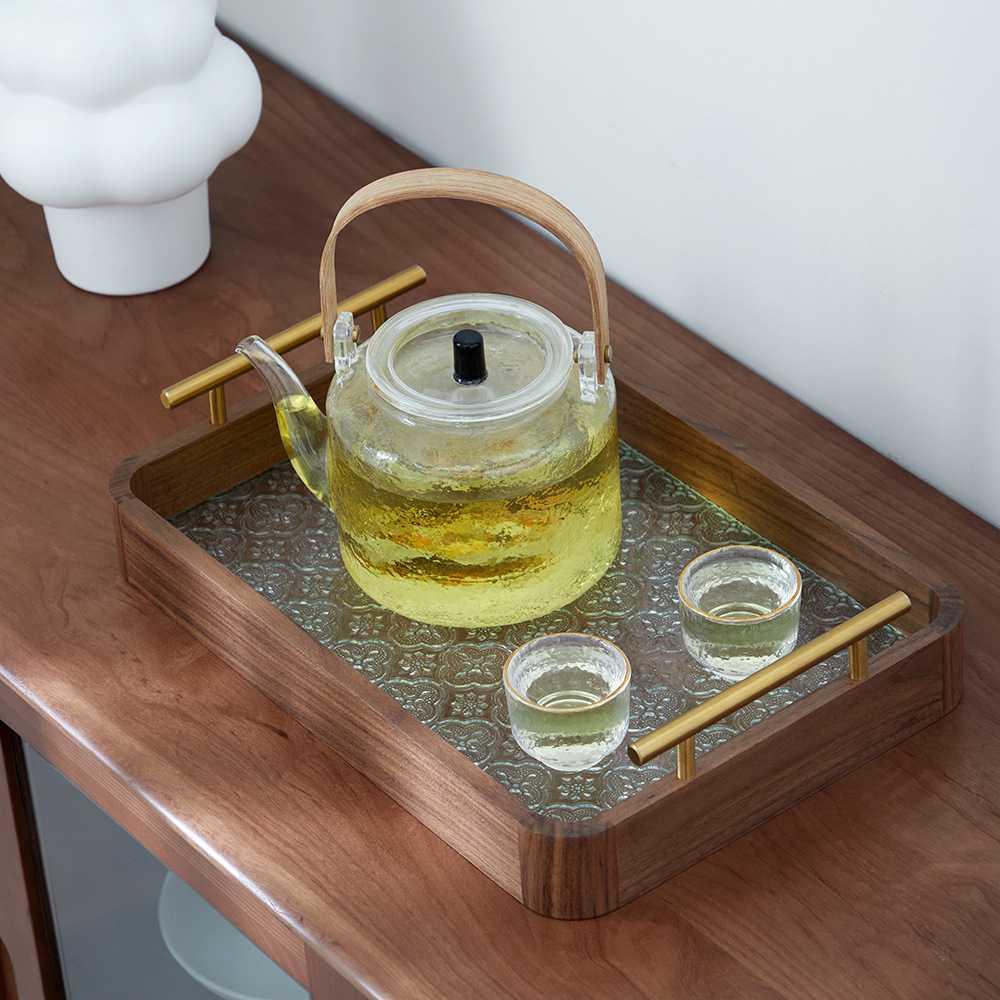 海棠花玻璃托盘家用长方形复古