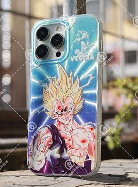 iPhone16七龙珠黑化贝吉塔小众手机壳iPhone14/13/12/11/15ProMax镭射硅胶保护壳苹果16Plus透明渐变动漫卡通