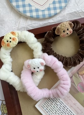 咖色毛绒小狗高弹力发圈不伤发秋冬丸子头马尾发绳皮筋头绳百搭