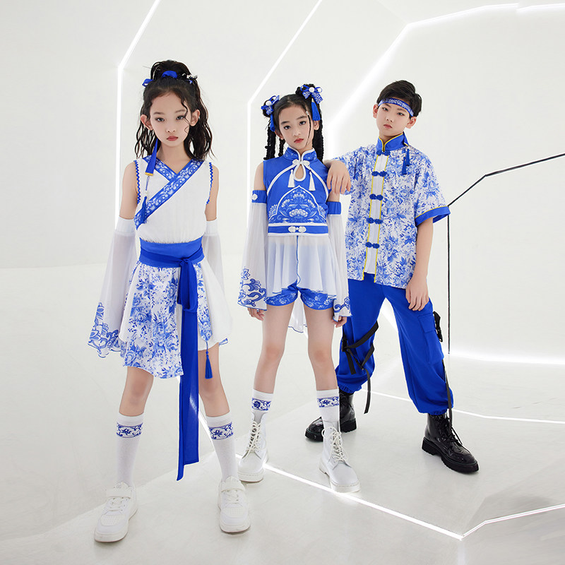 儿童爵士舞演出服中国风青花瓷女童t台走秀潮酷少年六一表演服装