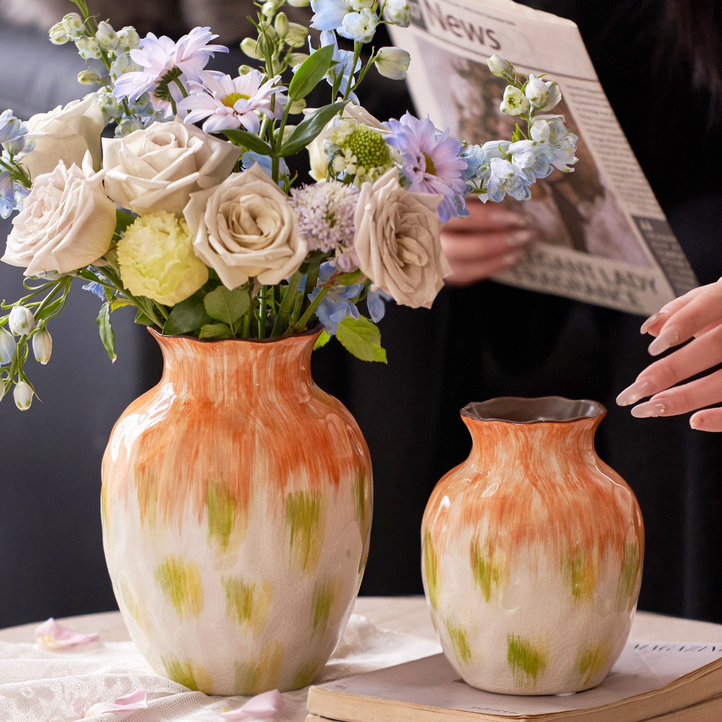 法式中古陶瓷花瓶彩色大肚水养鲜花客厅餐桌软装饰摆件复古高级感,鲜花速递/花卉仿真/绿植园艺,花瓶,淘宝优惠券,粉丝福利购,淘宝优惠卷