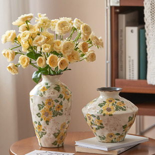 新中式黄色陶瓷花瓶客厅茶几水养插干花桌面富贵创意摆件家居软装