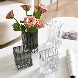 高级感方口小玻璃花瓶摆件透明水养鲜花干花客厅餐桌插花装 饰花器