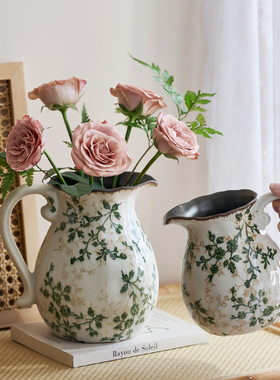 美式乡村冰裂奶壶陶瓷花瓶田园风水养插花摆件装饰品复古创意手提