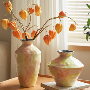 花瓶轻奢高级感景德镇陶瓷摆件中古粉色油画冰裂纹陶罐水培鲜花器