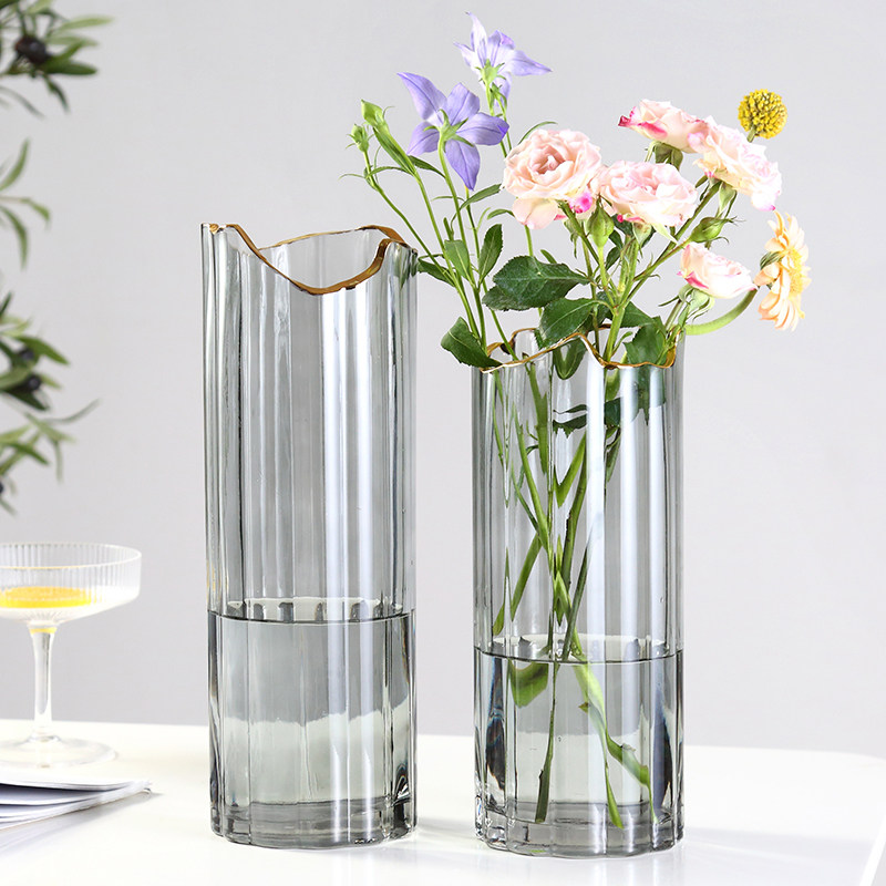 北欧轻奢ins 风玻璃花瓶透明描金水养百合富贵竹插花玫瑰花瓶摆件