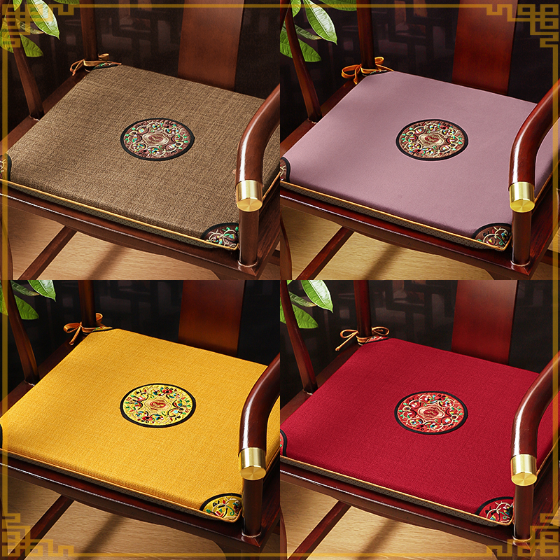 中式刺绣花纹椅垫方形实木椅子坐垫棉麻古典家居餐椅垫