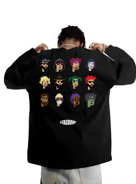 STA旗舰店马赛克公仔印花长袖美式潮牌重磅纯棉宽松情侣黑色T恤
