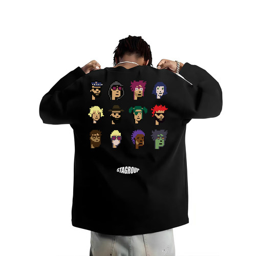 STA旗舰店马赛克公仔印花长袖美式潮牌重磅纯棉宽松情侣黑色T恤