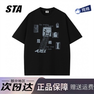 复古高街重磅纯棉情侣t恤 男女夏季 STA旗舰店美式 潮牌涂鸦印花短袖