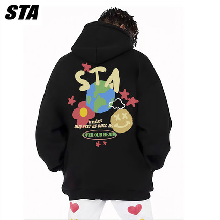 STA旗舰店美式涂鸦设计星球连帽卫衣男女潮牌重磅纯棉情侣黑外套