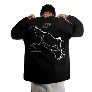 STA旗舰店美式复古闪电印花长袖T恤男女秋冬潮牌重磅纯棉宽松卫衣