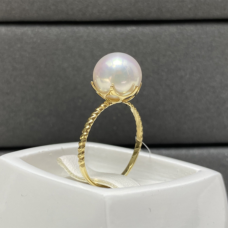 金富源珍珠 珍珠白色珍珠18k金竹节戒指 闪闪惹人爱 8-9mm
