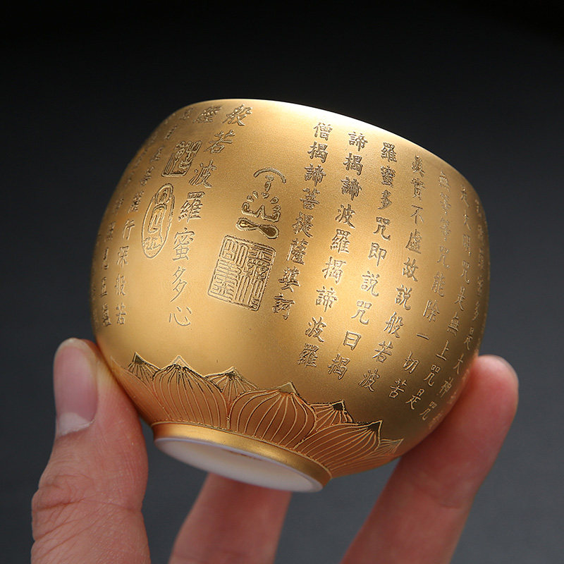 24K黄金小茶杯陶瓷金杯主人单杯羊脂玉瓷鎏金品茗杯家用功夫茶盏