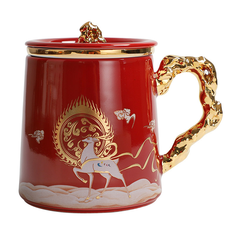 祥鹿高档描金主人杯陶瓷马克杯老板办公杯功夫茶具茶水分离器茶杯