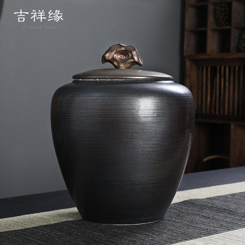 吉祥缘中式复古茶叶罐陶瓷密封茶罐粗陶2斤4斤茶叶罐加大号存茶罐