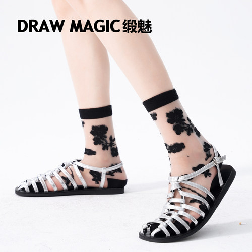 DRAWMAGIC/缎魅气质黑色透明小花袜子女玻璃丝卡丝水晶丝袜中筒袜