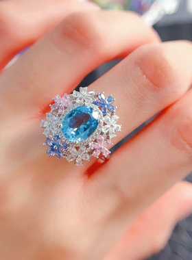 天然魔鬼瑞士蓝托帕石戒指全净体无瑕疵带彩钻精致设计s925银托镶