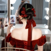 中式 民族风婚礼头饰酒红色玫瑰花绒布复古新娘结婚发饰新款 郁金香