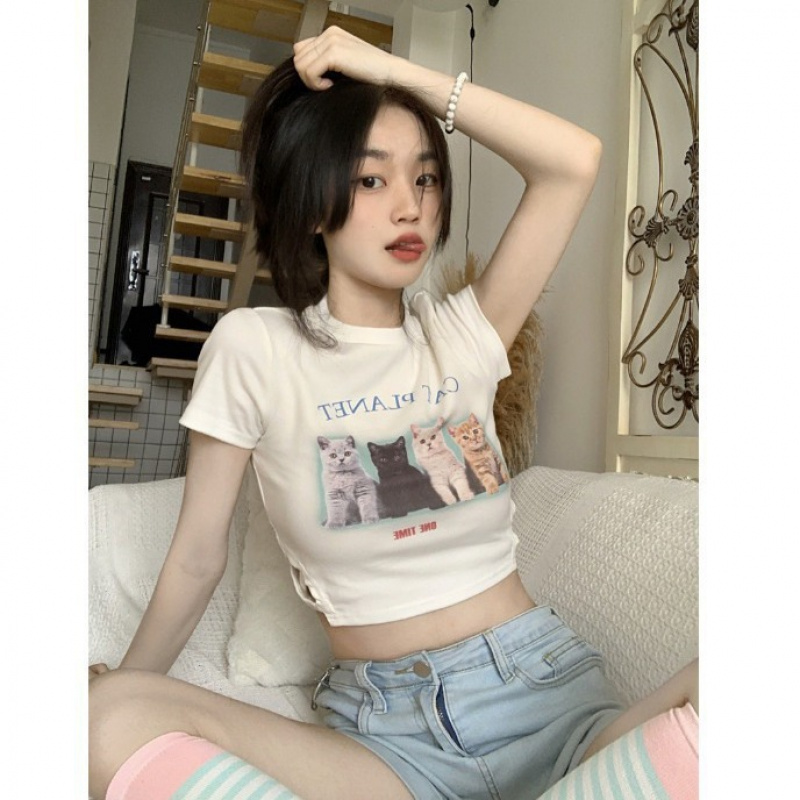 猫咪印花短袖T恤女2025夏季