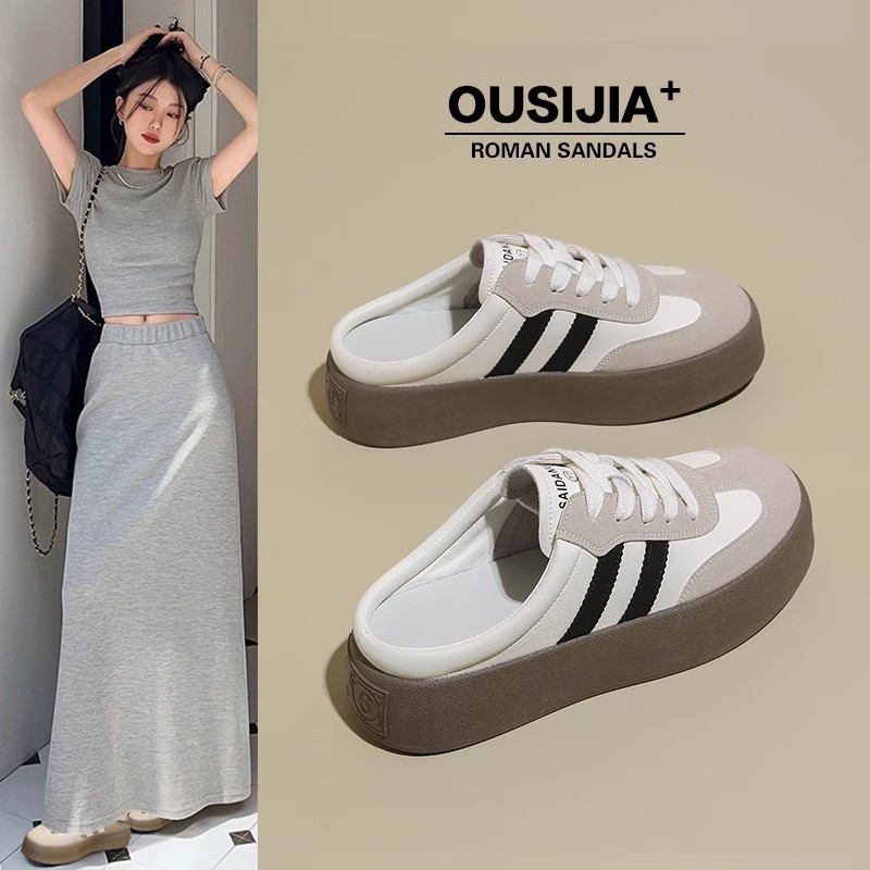 半拖鞋女外穿2025春秋季新款厚底包头拖鞋懒人一脚蹬鞋子半拖