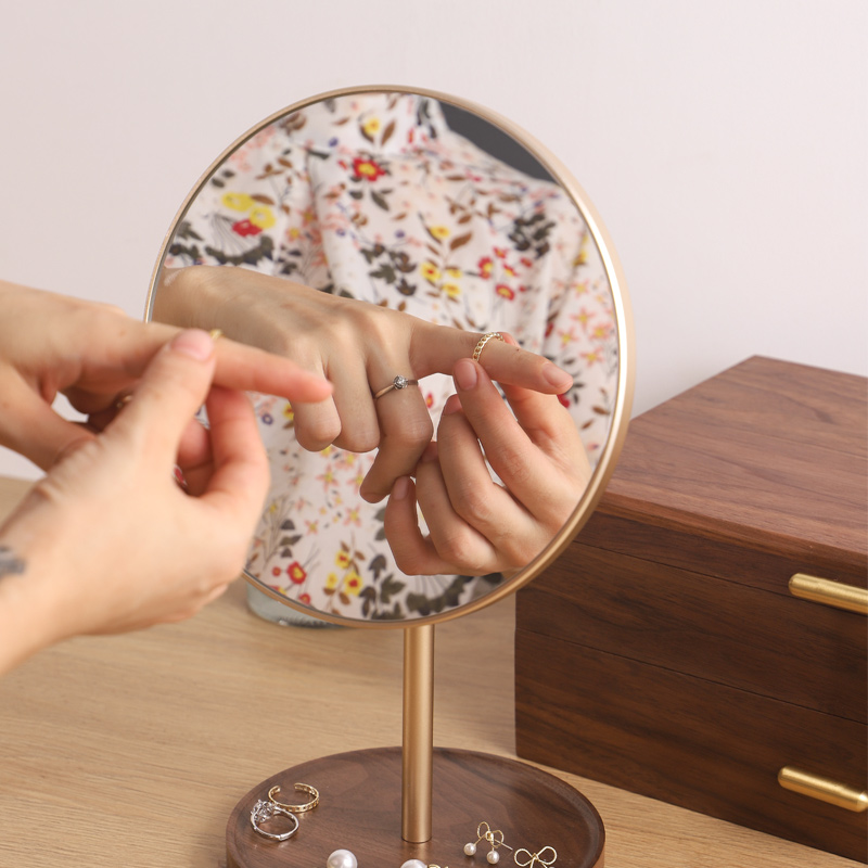 黑胡桃实木镜子化妆镜 卧室桌面台式梳妆镜 复古木质网.红收纳镜