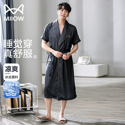 猫人男士睡袍夏天薄款冰丝浴袍