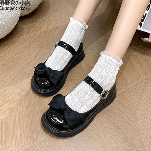 原创秋季时尚黑色漆皮玛丽珍圆头单鞋平底学生少女蝴蝶结jk服女鞋