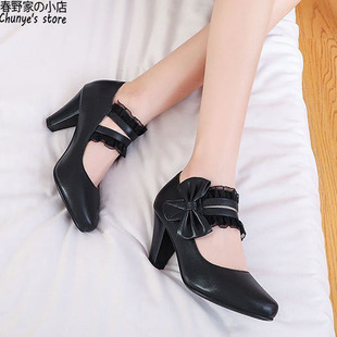新款高跟夏秋单鞋可爱甜美蝴蝶结蕾丝粗跟鞋萝莉jk制服鞋大码女鞋