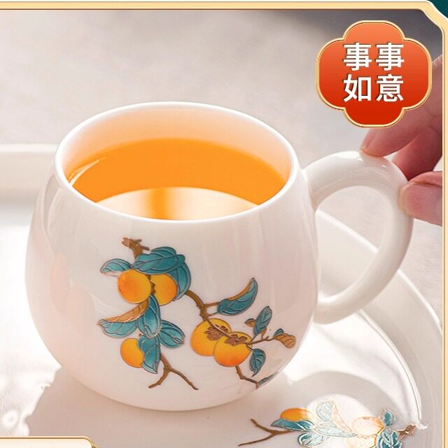 羊脂玉茶杯品茗杯大号喝茶杯会客水杯纯白色茶碗手柄带把防烫陶瓷