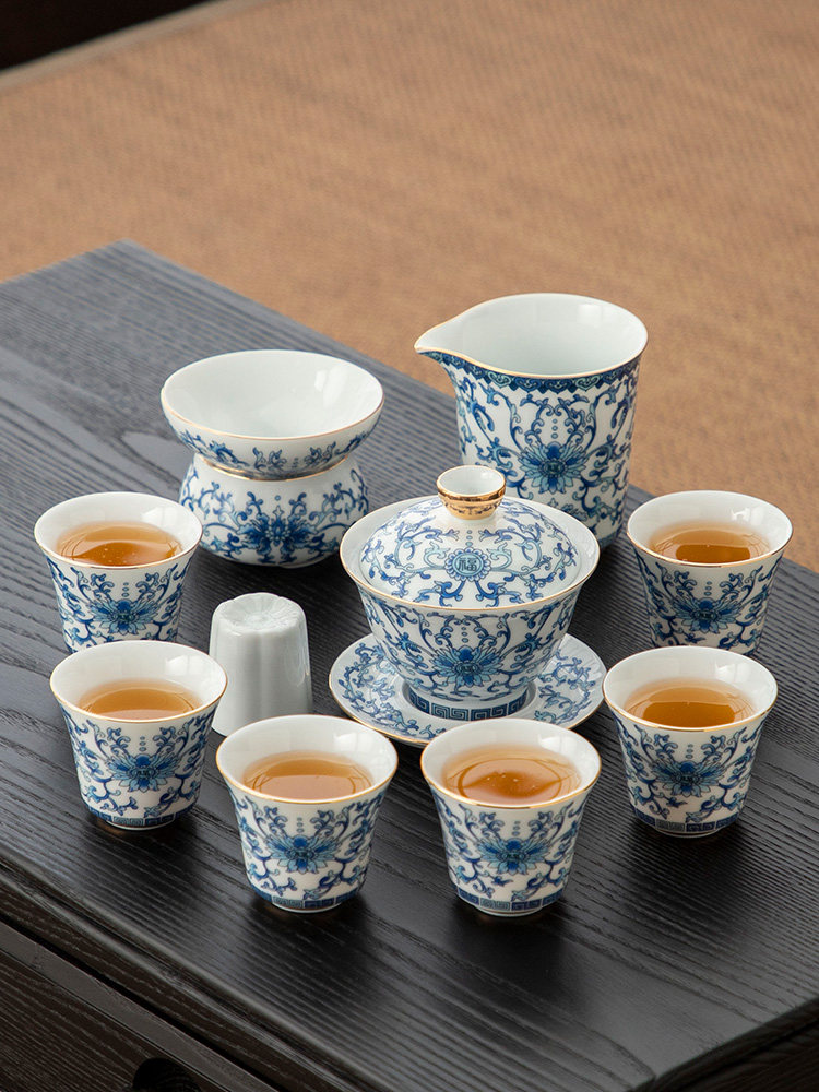 轻奢高档青花瓷功夫茶具套装一整套家用礼盒装全套繁花珐琅彩茶具