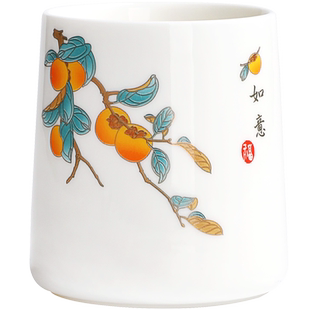 羊脂玉瓷柿柿如意大号个人茶杯轻奢主人杯手握直筒咖啡杯陶瓷水杯