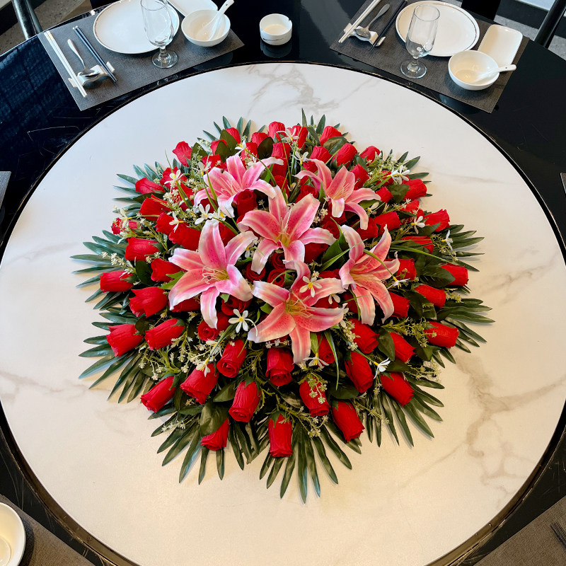 酒店大圆桌中间餐桌花摆花包厢圆形转盘仿真花餐桌上假花中式摆件