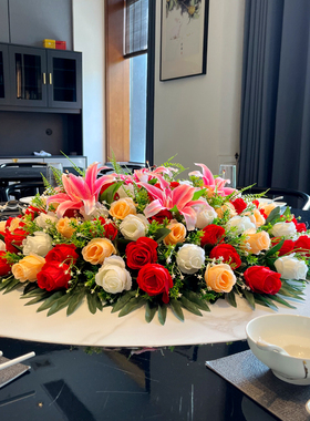 酒店餐桌花摆花仿真花假花摆设大圆桌中间摆件餐厅包厢转盘装饰花