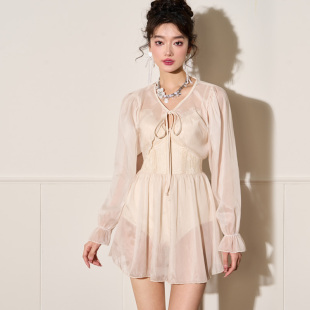 微风假日连体泳衣女带罩衫 钢托聚拢高级感度假泡温泉保守显瘦泳装