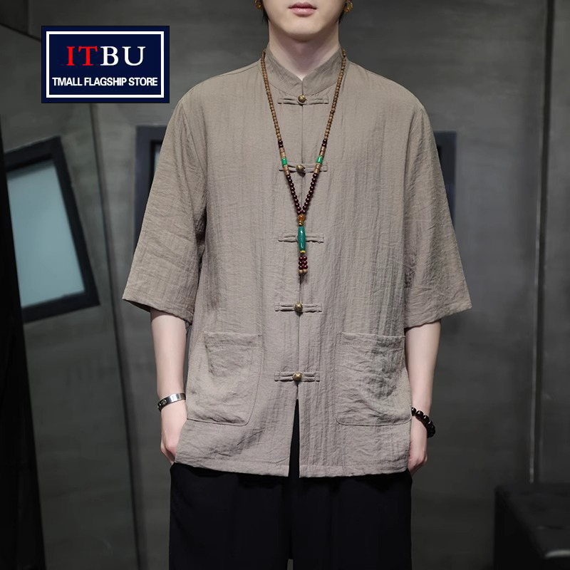 新中式盘扣亚麻衬衫男士短袖2025新款夏季五分袖汉服唐装上衣男款