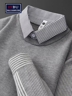 高级感条纹假两件毛衣男士春秋季2025新款保暖商务羊绒针织衫男款