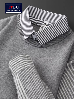 高级感条纹假两件毛衣男士春秋季2025新款保暖商务羊绒针织衫男款