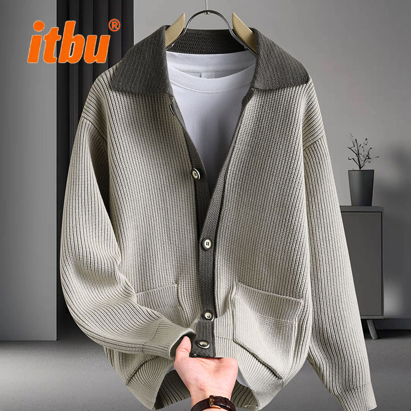 高端假两件针织开衫男外套男士2025新款冬季装休闲翻领毛线衣男款