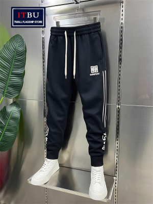 高端条纹卫裤男士春秋冬季2025年新款加绒刺绣束脚休闲男裤子男款