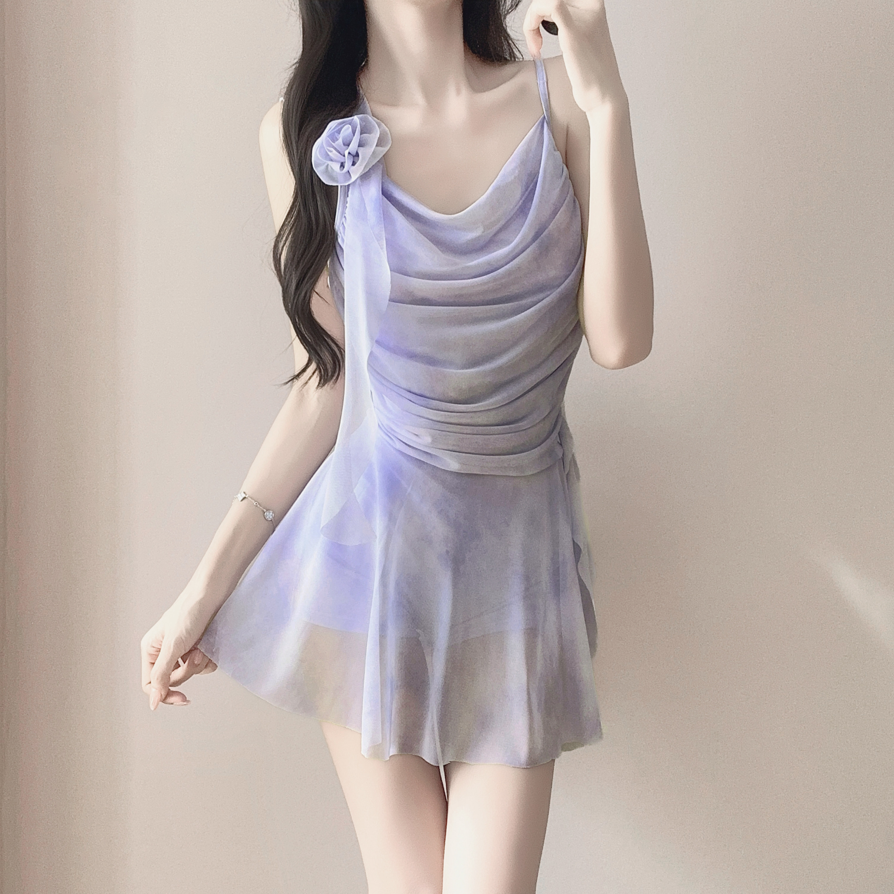 小清新紫色网纱吊带连衣裙女荷叶边花朵装饰梦幻风遮肉裙式泳衣