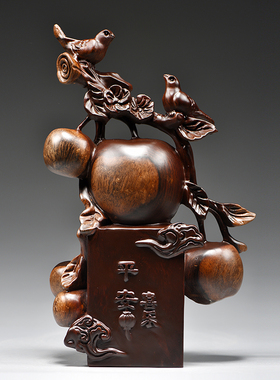 黑檀实木雕刻苹果摆件平安喜乐